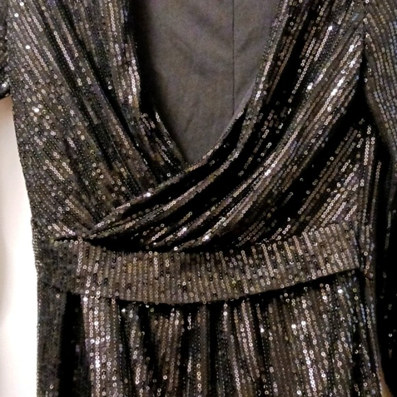 TICKLED TEAL Sequins Wrap Dress Sz S BLACK V-neck V Front Shiny Cocktail Party - Picture 12 of 16